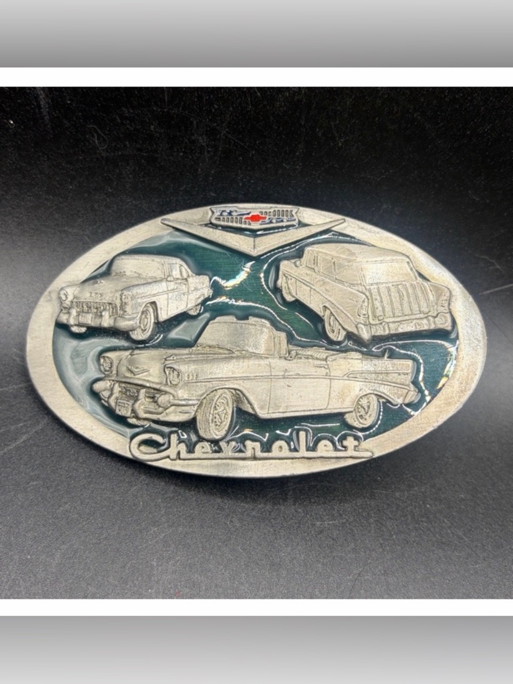 1988 Vintage C+J INC. Chevrolet Enamel Metal Vehicle Motif Chevy Belt Buckle